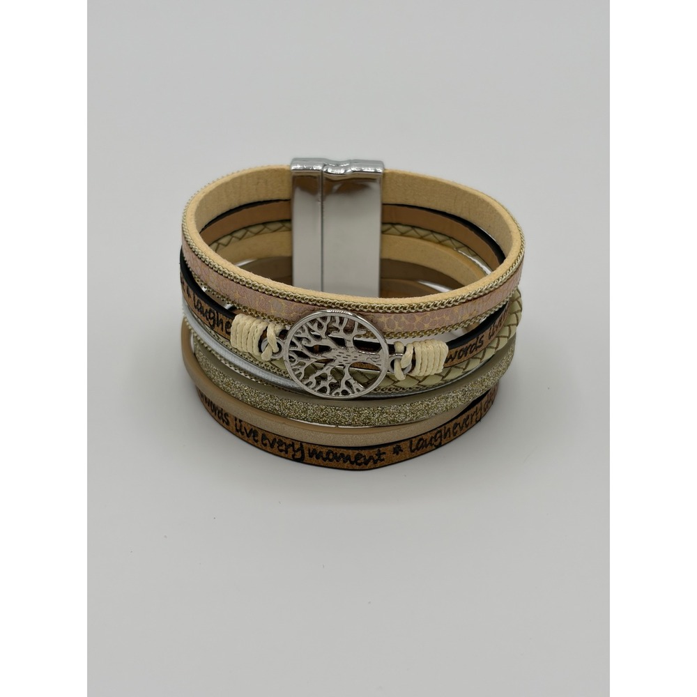 Boho Tree of Life Multi Strand Wrap Bracelet Magnetic Clasp Tan Gold Silver
